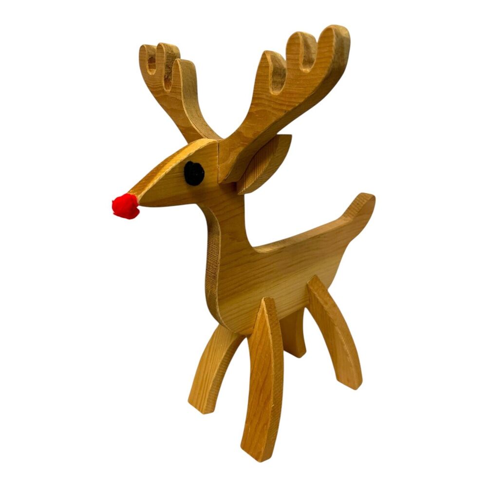 MCM Handmade Wooden Reindeer Rudolph Pom Eyes 16” Puzzle Statue Kitsch Atomic - Picture 2 of 9